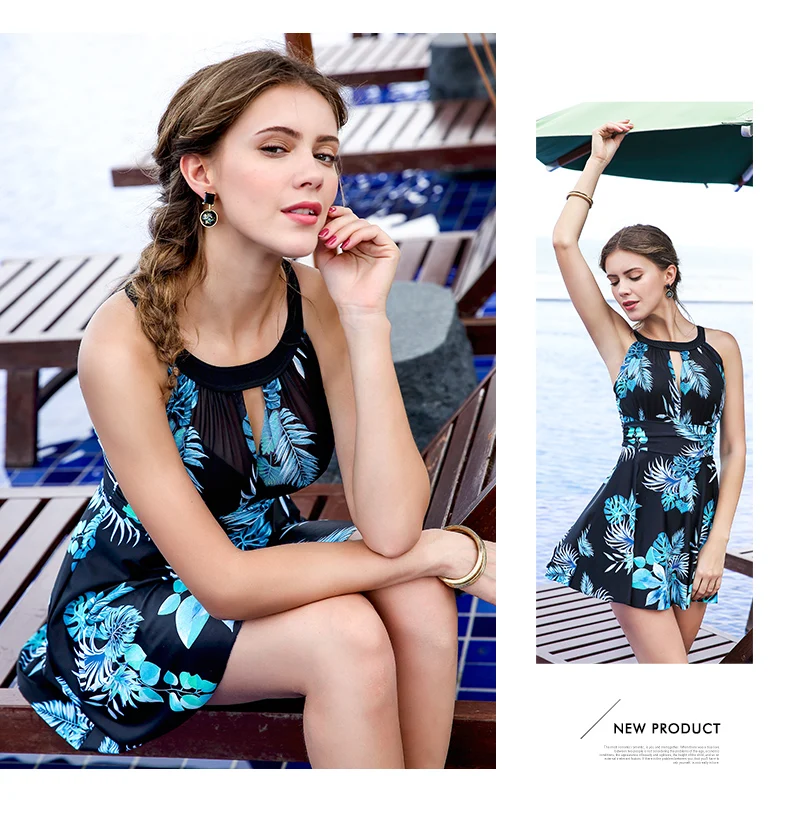 Flower One Piece Big Swimsuit Dress Straight Skirt High Waist Swimwear Women Monokini Set M Neckline Backless Bathing Bodysuits