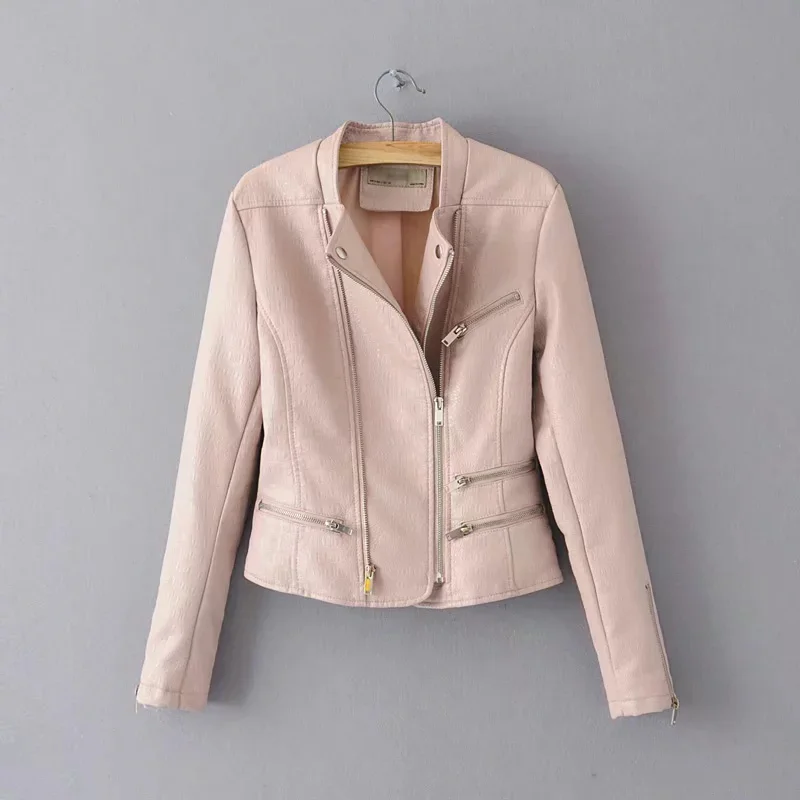 pink Klacwaya/новые женские Куртки из искусственной кожи весенне-осенняя модная дамская змеиная короткая куртка крутая винтажная куртка на молнии для девочек - Цвет: pink