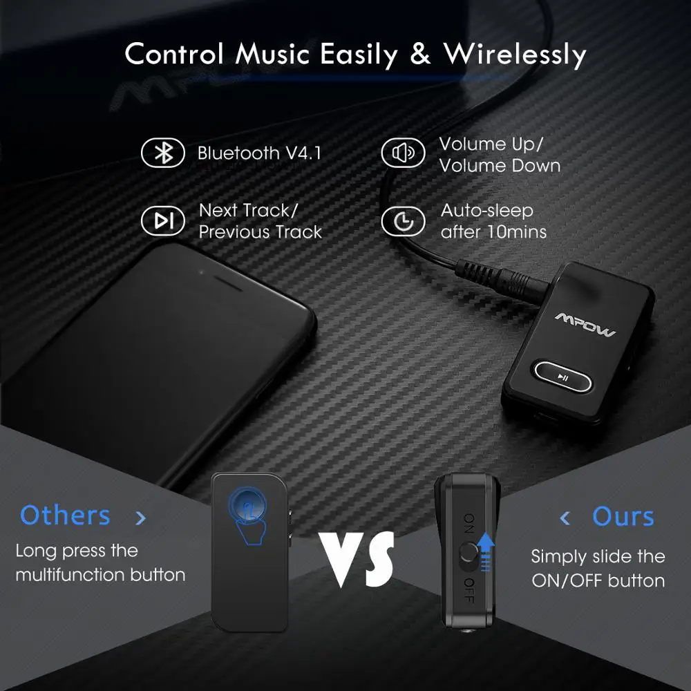 Mpow Bluetooth 4,1 приемник портативный беспроводной 3,5 мм аудио адаптер 5-мин Быстрая зарядка громкой связи Bluetooth автомобильный комплект
