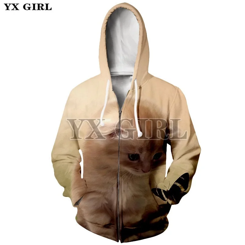 YX Girl, женские толстовки с 3D принтом милого кота на молнии, Повседневная Толстовка с капюшоном, Женская толстовка с принтом милого кота, куртка на молнии, дропшиппинг