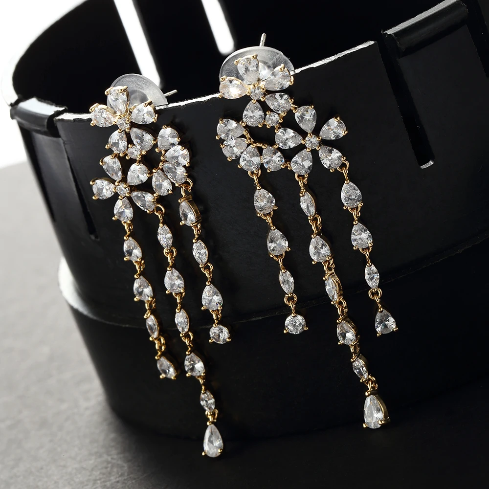 Женские длинные висячие серьги с фианитом AAA + цветком и цветочной кисточкой