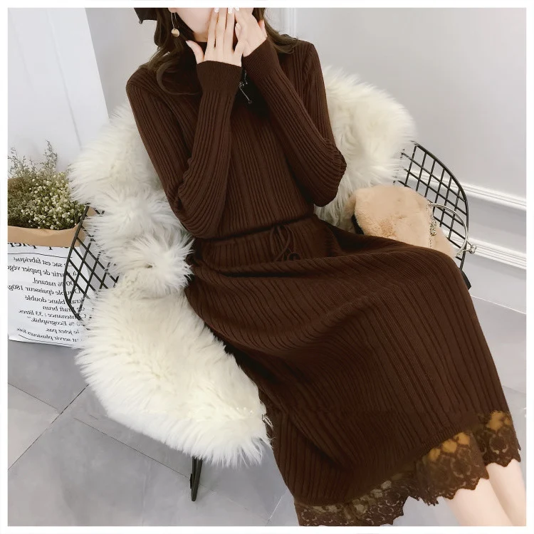 New Knit Midi Dress Women Autumn Long Sleeve Solid Knitting Dresses Female Turtleneck Lace Patchwork Party Dress Casual Clothes