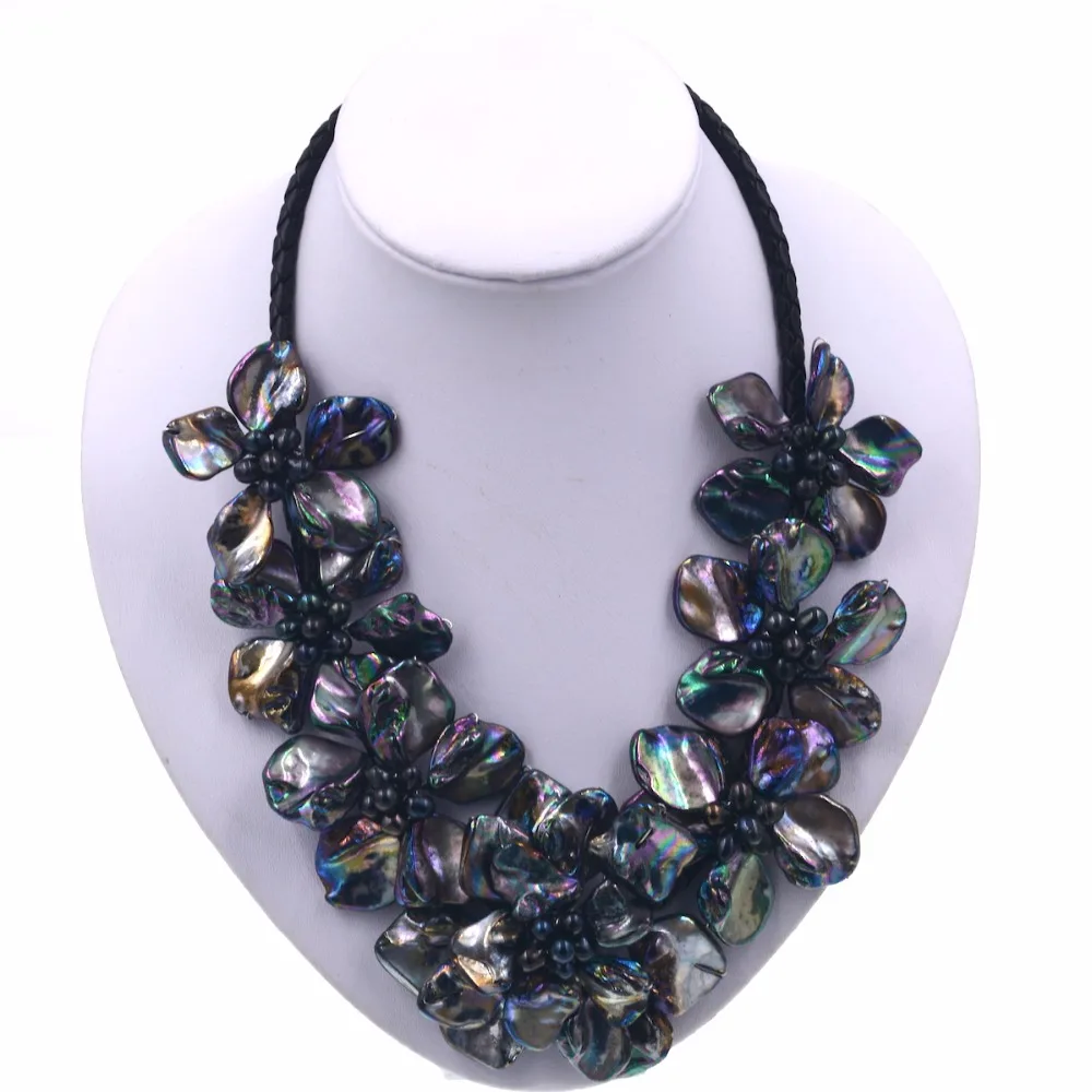 Новое поступление модные Mop jewelrywhite морской в виде ракушки Чокеры цветы цепочки и ожерелья с Тканые кожа черный, белый цвет кристалл