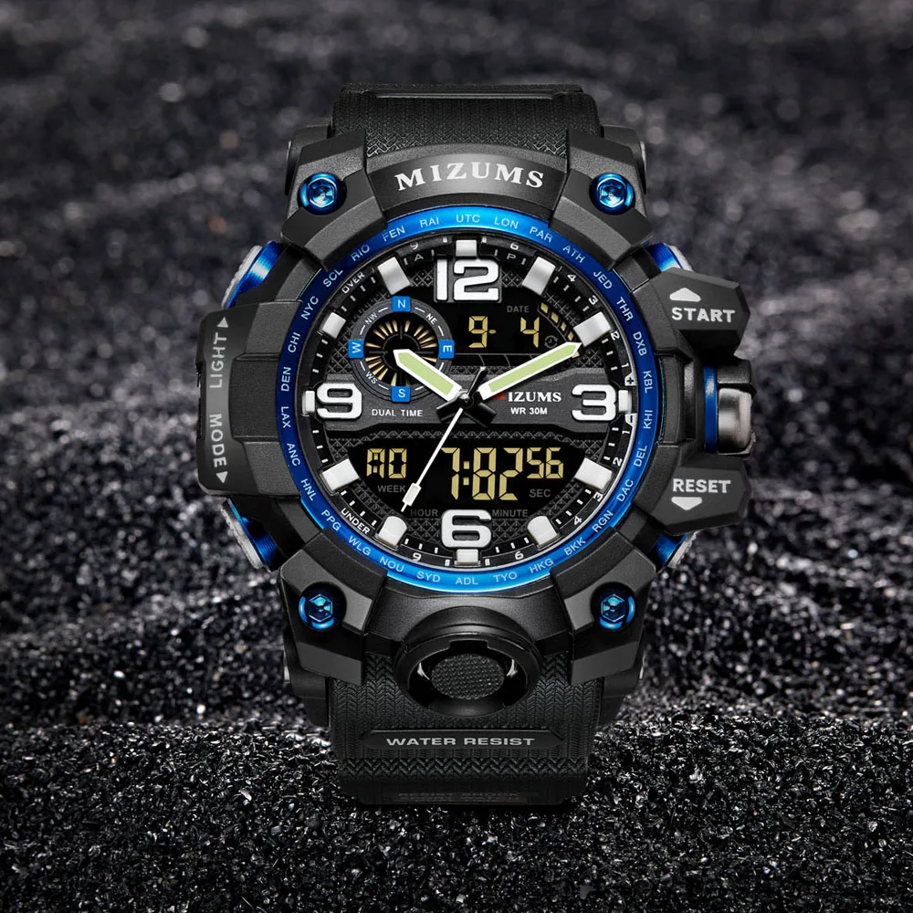 Кварцевые часы для мужчин водонепроницаемые цифровые мужские с двойным временем