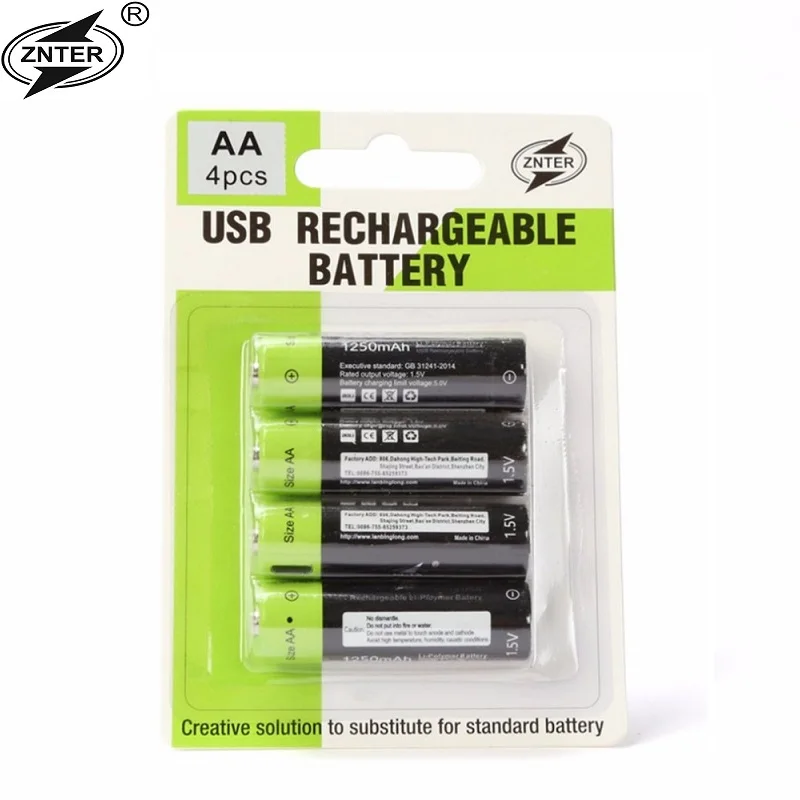 ZNTER AA Аккумуляторная батарея 1 5 V 2A 1250mAh USB зарядка литиевая с кабелем Micro