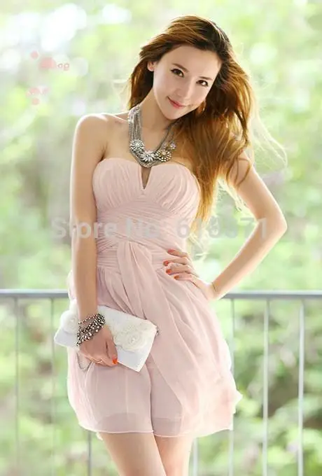 Blush Pink Bridesmaid Dress Short Crinkle Chiffon Maid Soiree New 2014 Fashion Sweetheart Party Gowns Off the Shoulder | Свадьбы и