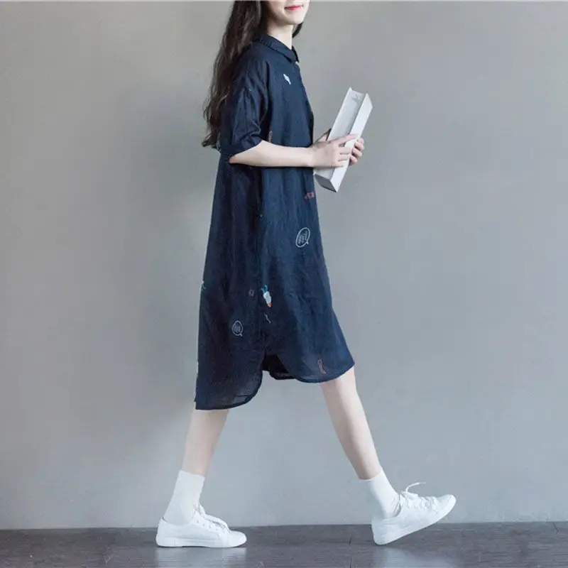 Летнее льняное платье рубашка с отложным воротником и рукавом до локтя|Женские