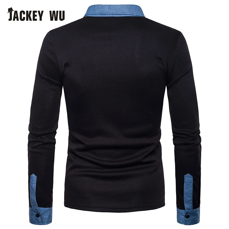 JACKEYWU мужская рубашка поло 2019 модная деним заплатка длинный рукав тройники хлопок