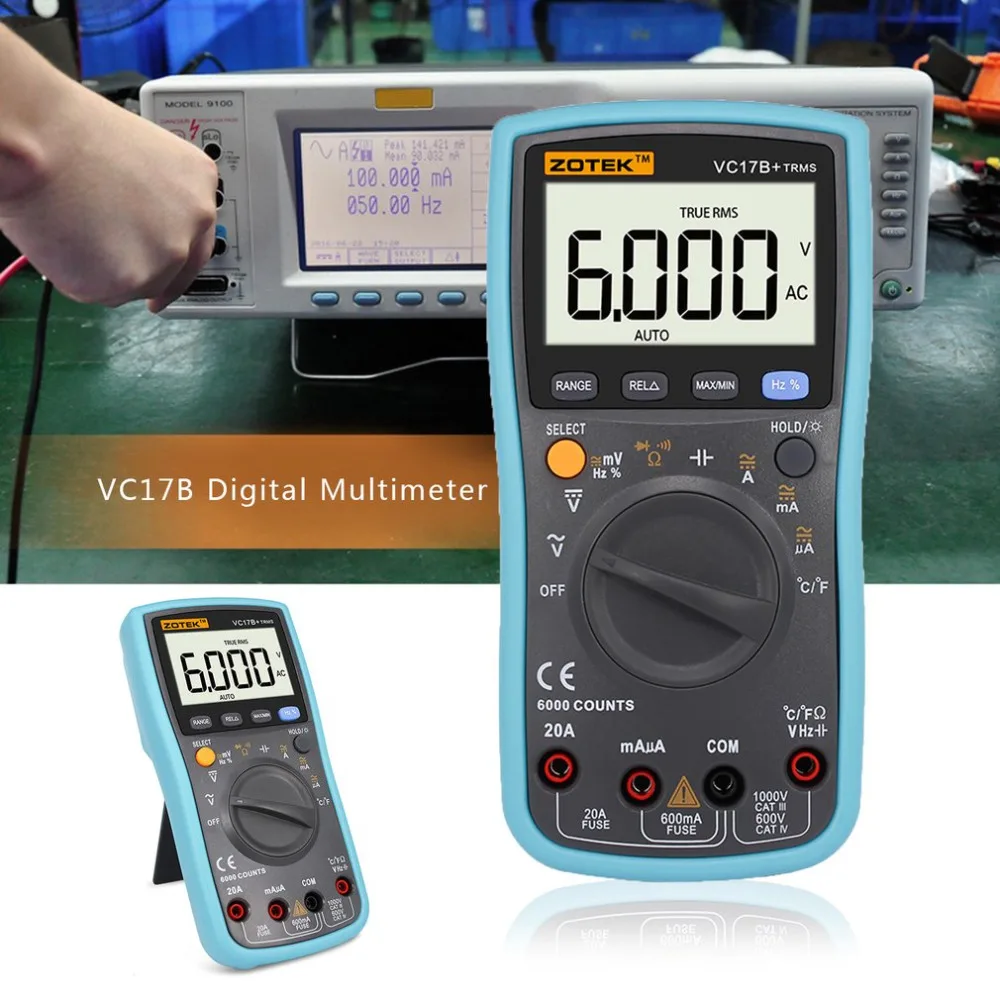 ZOTEK VC17B 6000 отсчетов цифровой мультиметр с подсветкой AC DC Амперметр Вольтметр Ом