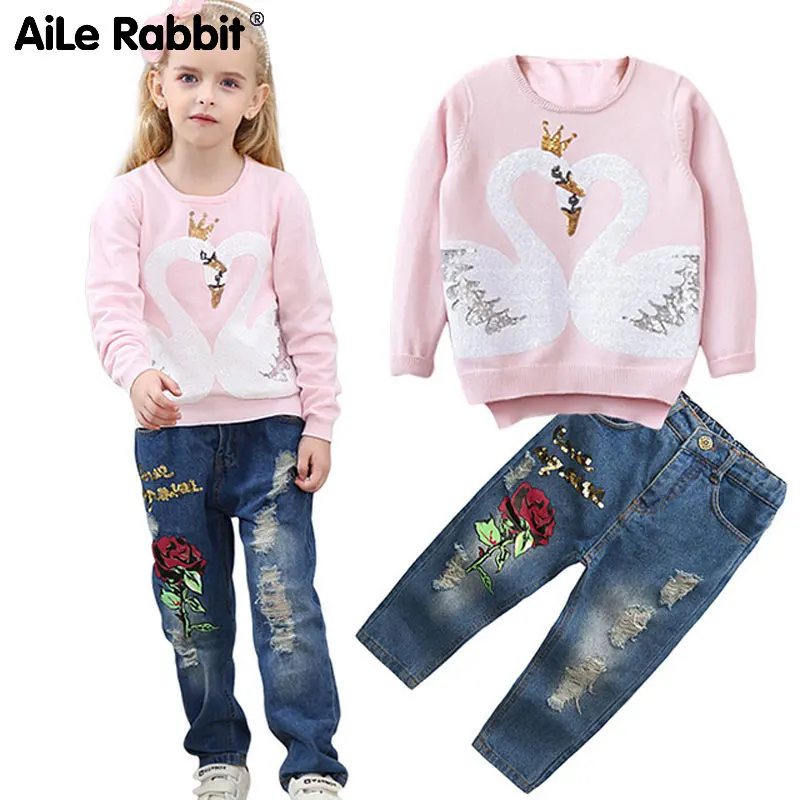 AiLe Rabbit/Новинка комплект одежды для девочек рубашка и штаны джинсы с блестками