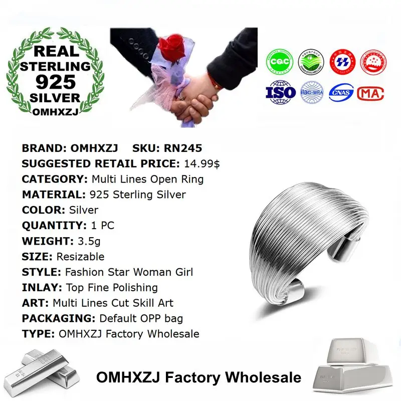 OMHXZJ Wholesale Personality Fashion OL Woman Girl Party Wedding Gift Silver Multi Lines Open 925 Sterling Ring RN245 | Украшения и