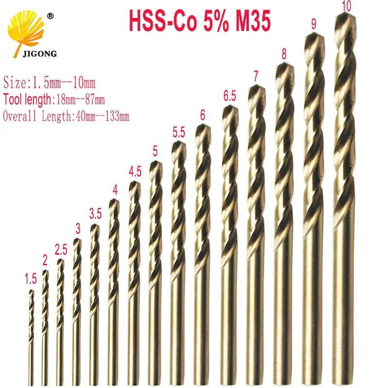 15pcs/set HSS-CO 1.5-10mm High Speed Steel HSS-Co 5% M35 Cobalt Twist Drill Bit 40-133mm Length Wood Metal Drilling Top Quality