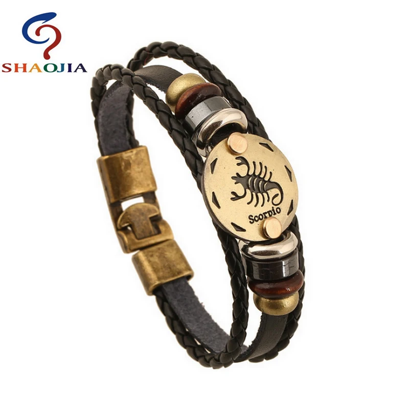 Мужской кожаный браслет из натуральной кожи с раком и созвездием|bangle jewelry|leather