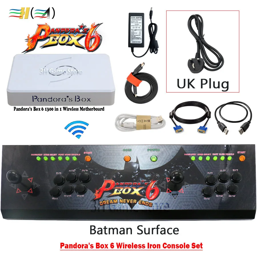 wireless batman UK Оригинальная коробка Pandora 6 1300 в 1, аркадная консоль, беспроводная железная консоль, набор, 2 плеера, кнопки джойстика, HDMI, VGA, выход, ТВ, ПК, PS3 - Цвет: wireless batman UK