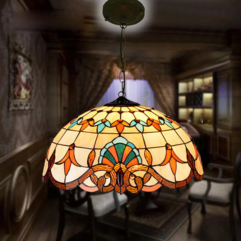 Tiffany Baroque Stained Glass Suspended Luminaire E27 LED Iron Chain Pendant Light Lighting Lamp for Home Parlor Dining Room