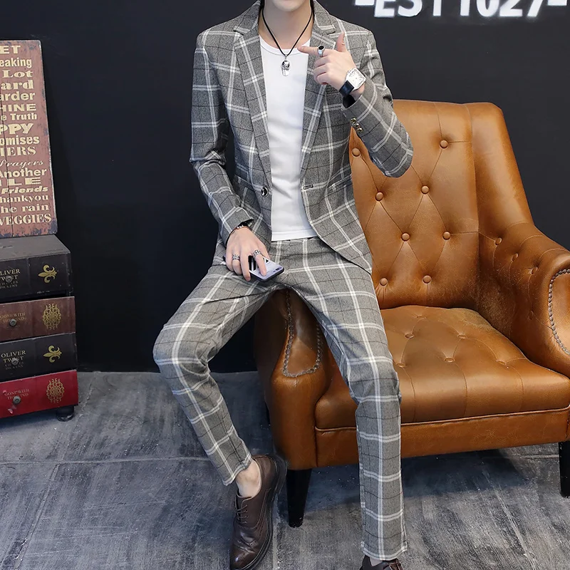 Весна осень Для мужчин с британской Бизнес Повседневное Slim Fit плед Костюмы