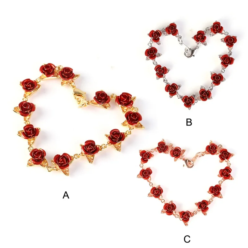 

Beautiful Bracelet Red Rose Flowers Wrist Chain Charm Valentine's Day Mother's Gift For Women Wedding Party Gift