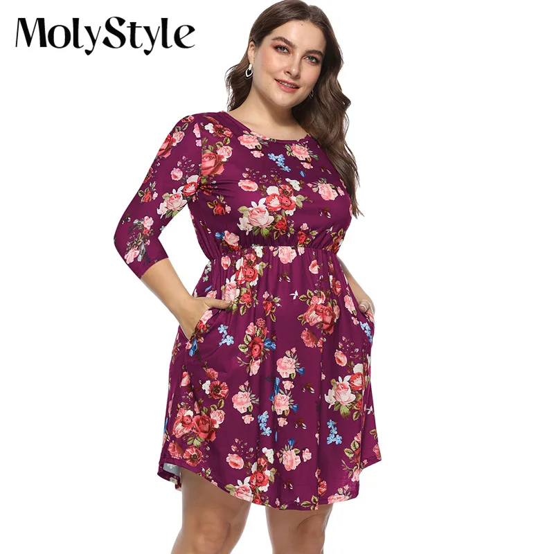 MolyStyle новые летние плюс Размеры с круглым вырезом Цветочный принт бохо платье Для