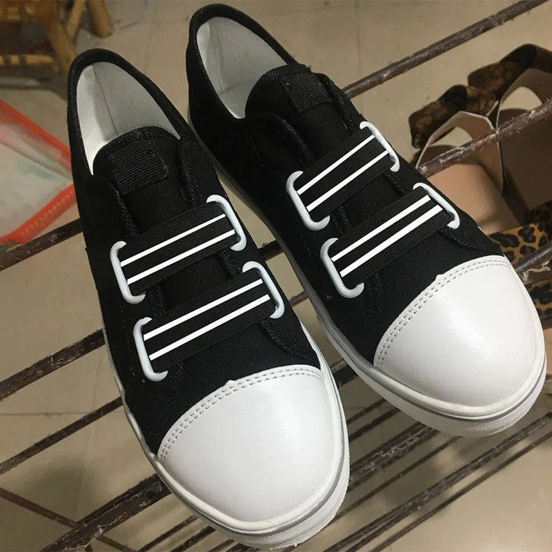 Черный Women Flat Canvas Sneakers Casual Elastic Band Vulcanized Shoes Slip On Comfortable Platform Female Footwear Autumn Plus size - Цвет: Черный