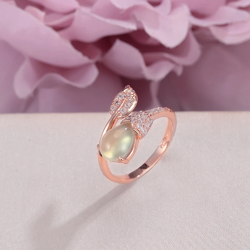 

Fine Jewelry Prehnite Rings for Women 925 Silver Natural 9*7mm Gemstone Water Drop Leaves Open Ring Rose Gold Plated R-PR008