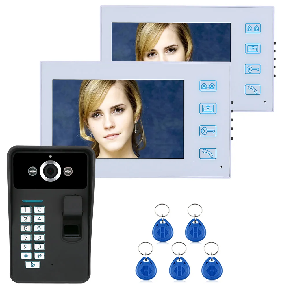 

7" TFT 2 Monitor Fingerprint Recognition RFID Password Video Door Phone Intercom Doorbell With Night Vision Security CCTV Camer