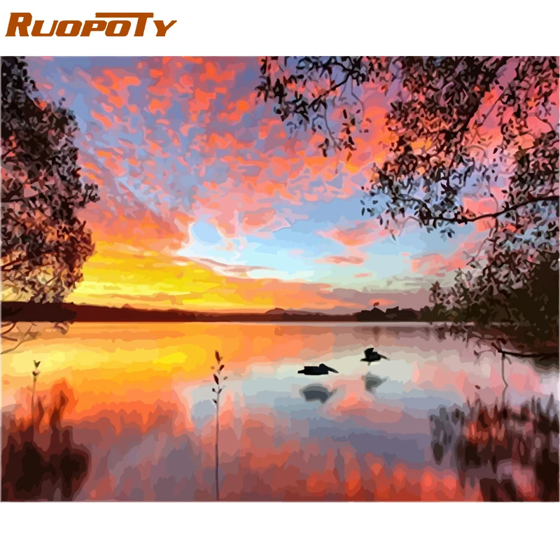 RUOPOTY Рамка Картина закат озеро DIY Набор для рисования по номерам ручная роспись маслом современная настенная художественная картина для домашнего декора