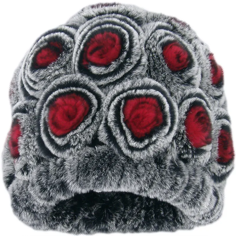 Цветочный Эластичный вязаный Настоящий мех кролика шапочки шапки женские