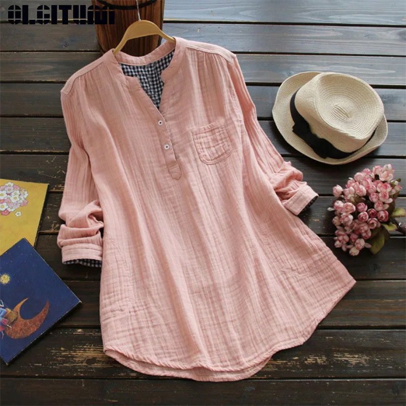 Женская блузка большого размера из хлопка и льна с треугольным вырезом длинным