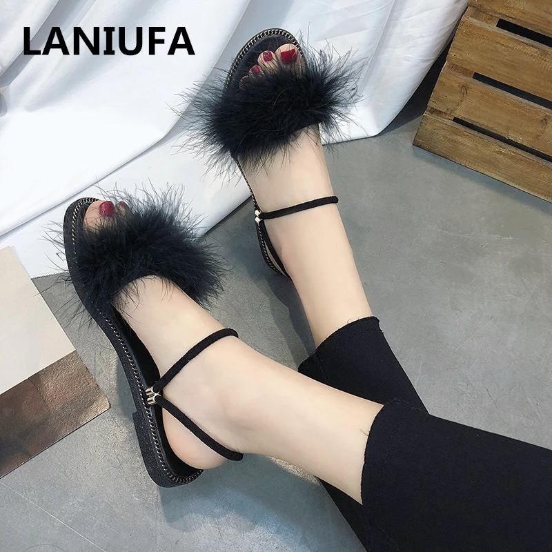 Летние женские меховые тапочки Женские уличные шлепанцы на плоской подошве