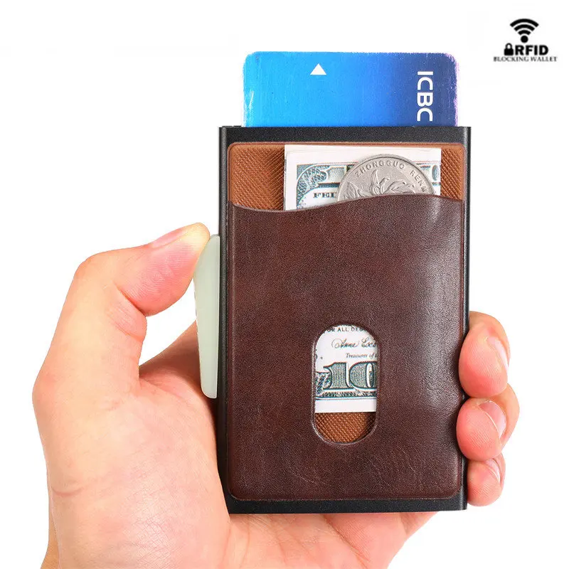 

BISI GORO 2021 RFID Blocking Card Holder Metal Box High Quality Card Wallet Casual Back Pocket Automatic Coin Purse