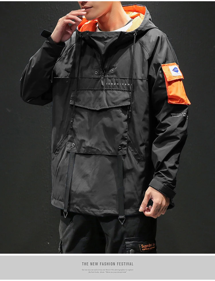 Hip Hop Spring Jackets Men Windbreaker Patchwork Autumn Loose Casual Hooded Jacket Male Coats Zipper Tracksuit Streetwear