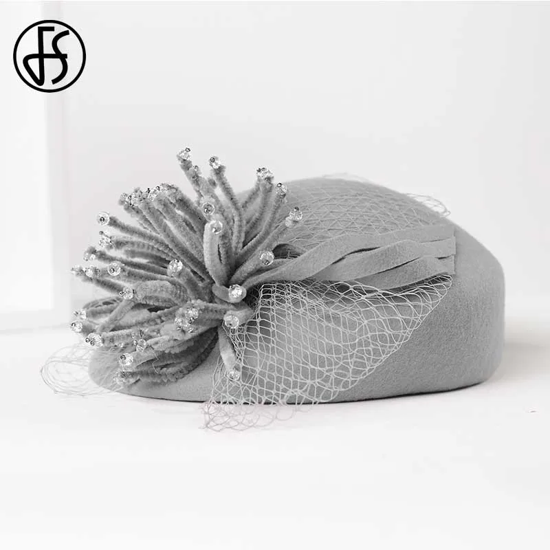 Женский шерстяной фетровый берет FS шляпка-федора винного цвета с вуалью для