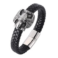 new fashion men jewelry vintage woven leather rope bracelet eagle stainless steel magnetic buckle punk bracelet wristband pw790