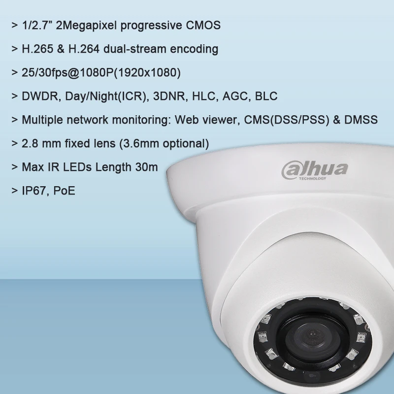 Оригинальная сетевая камера Dahua IPC-HDW1230S 2MP IR Eyeball с максимальной длиной