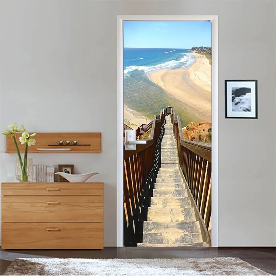 3D Self Adhesive Diy Art Decal Sticker Seascape Bridge Beach Home Door Decor Renovation PVCpaper Print Picture for Living Room