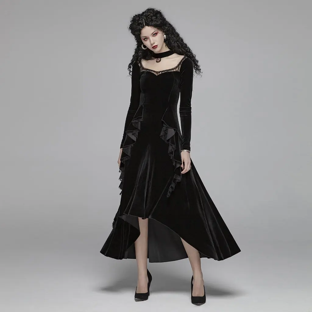 Женское вельветовое платье макси в стиле панк с длинными рукавами и рюшами Goth