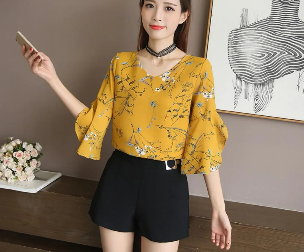 Женская шифоновая рубашка с цветочным принтом Свободный Топ тонким рукавом