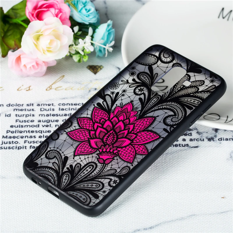 For Samsung Galaxy J8 Case Black Lace Rose Flower Relief Phone 2018 EU Cover Fundas |