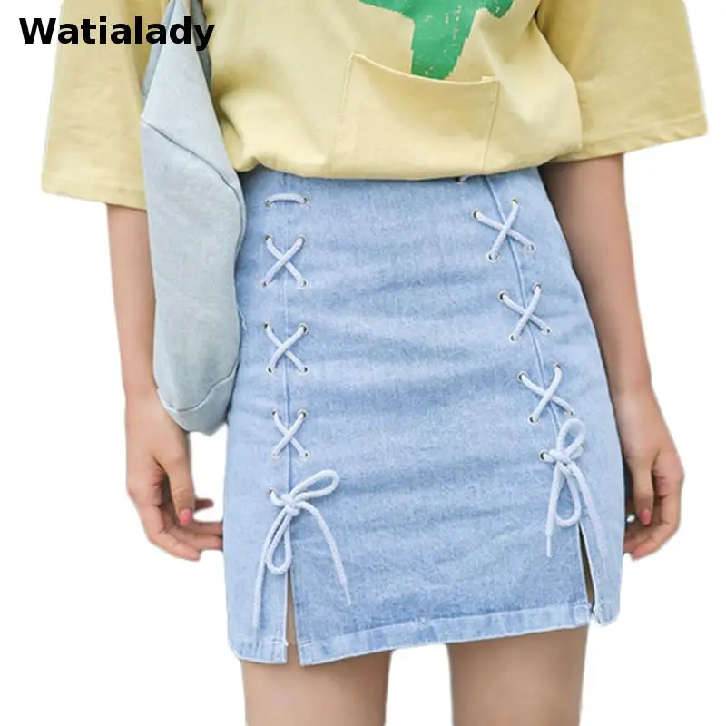 Watialady 2017 Новое Лето Промывают Женщин Юбки Джинсовая Юбка-Карандаш Крест Высокой