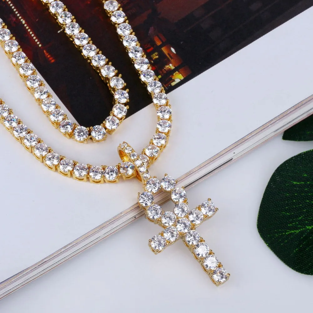 TOPGRILLZ хип хоп АНК крест кулон цепочки и ожерелья Iced Out 4 мм теннис цепи Micro Pave CZ