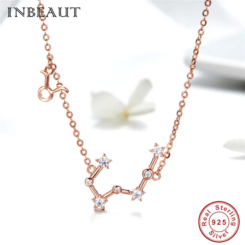 INBEAUT 925 пробы серебро розовое золото 12 созвездий весы Aries Циркон Стрелец с подвеской со знаком Рыб ожерелья для женщин - Окраска металла: snn024