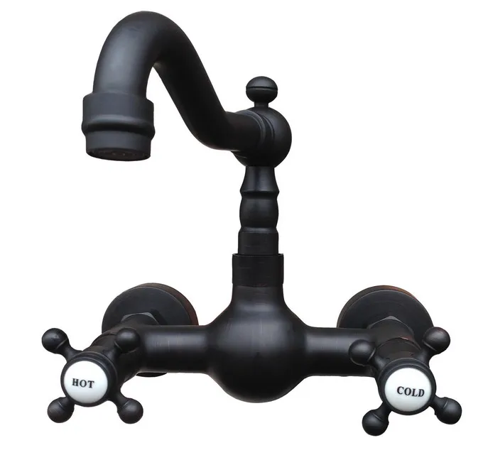 

Black Oil Rubbed Brass Wall Mounted Dual Cross Handles Swivel Spout Kitchen Sink Mixer Tap / Bathroom Basin Faucets anf524