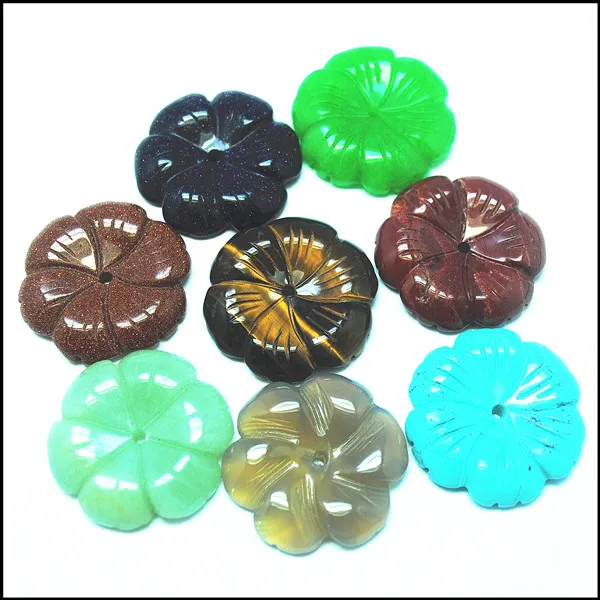 

3pcs new gem stone flower carving top beads diy accessories size 30mm assorted stone random ship out tiger eye red stone