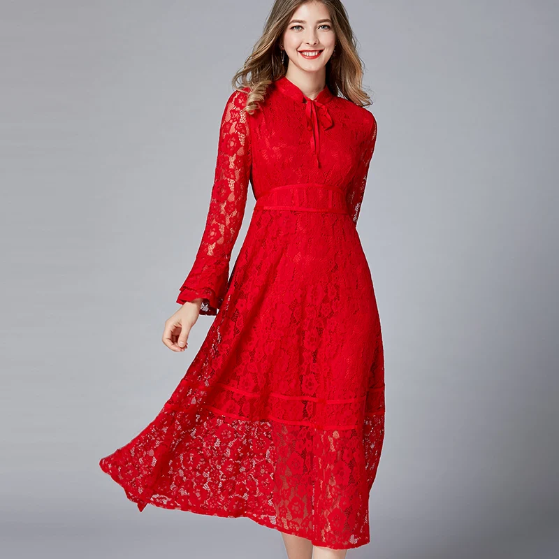 PLUS SIZE woman dress summer spring high quality floral pattern red lace flare sleeve stand collar calf length 5XL | Женская одежда