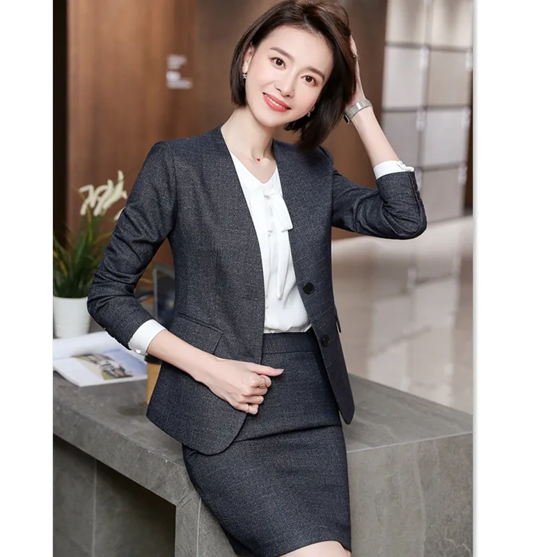 Женский офисный костюм с юбкой и карманами элегантный блейзер V образным вырезом