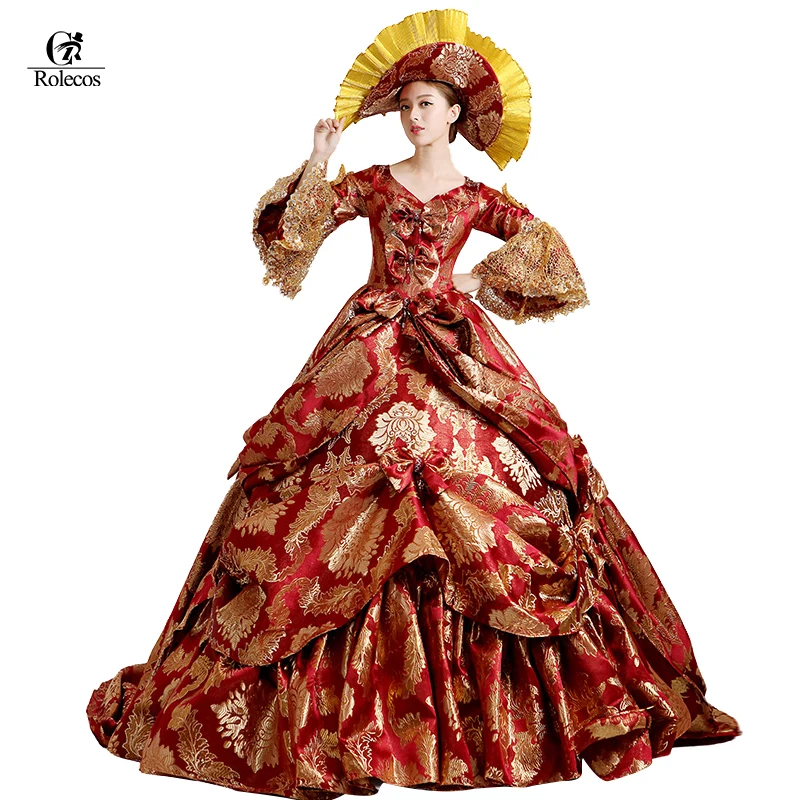 Rolecos бренд дамы Средневековый Ренессанс викторианские платья красное золото