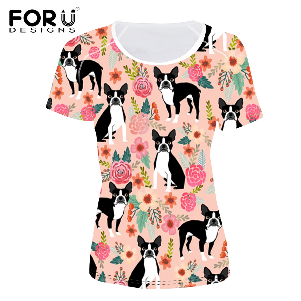 FORUDESIGNS T Shirt Women Boston Terrier Printing T-shirt Ladies O-neck Fashion Floral Tops Females Kawaii Tee shirt for Girls | Женская