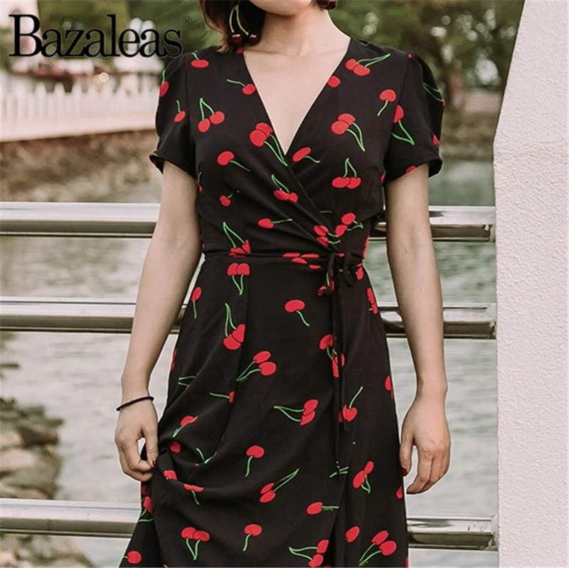 Bazaleas 2018 милое женское платье с принтом вишни коротким рукавом vestidos до середины