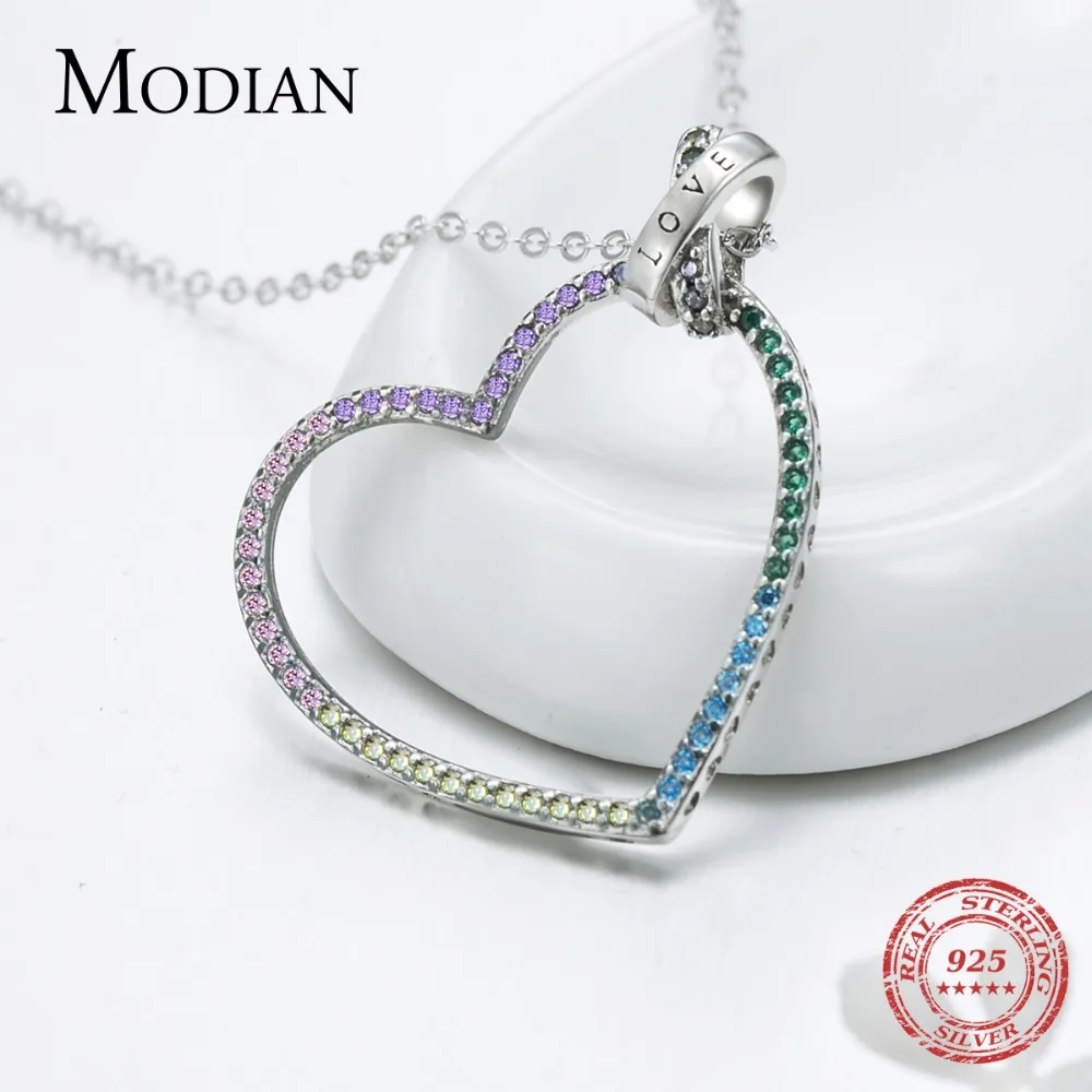 MODIAN 925 серебро красочный кубический цирконий Кулоны "любовь" ожерелье для женщин ювелирные украшения фантастическое сердце ожерелье подарок