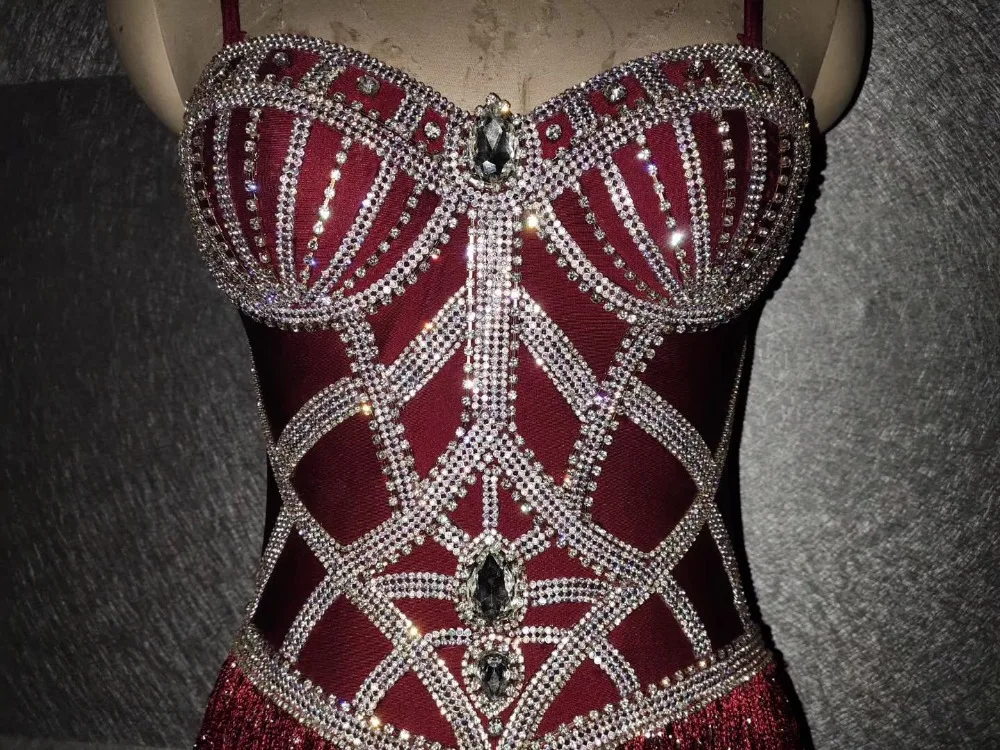 Sparkly Silver Rhinestones Red Tassel Bodysuit Women's Birthday Celebrate Dance Outfit Evening Party Female Singer Show Clothes